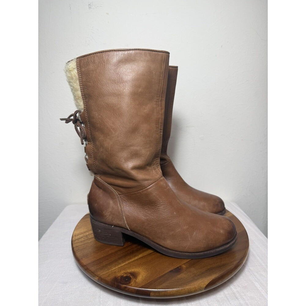 UGG Boots Womens 8.5 Brown Cary Wool Leather Mid Calf Pull On Block Heel Read